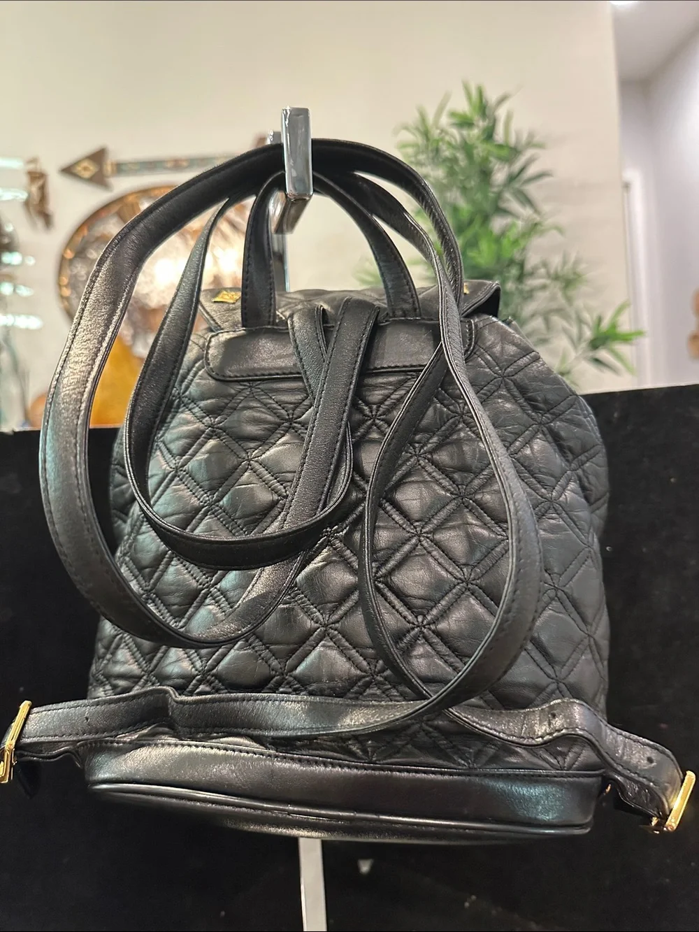 MCM # 226 Quilted Black Leather Backpack Gold Hardware/Logo Studs